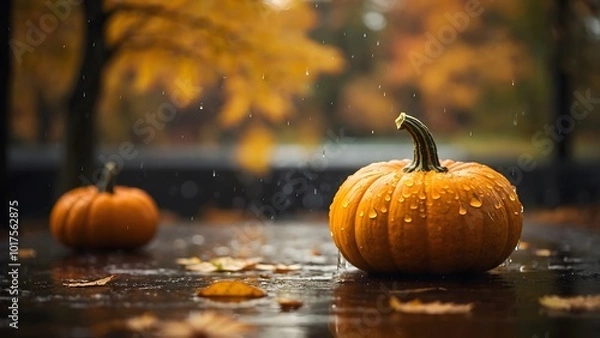 Obraz Raindrops Glisten on Vibrant Pumpkins Resting on a Wet Surface During a Crisp Autumn Day