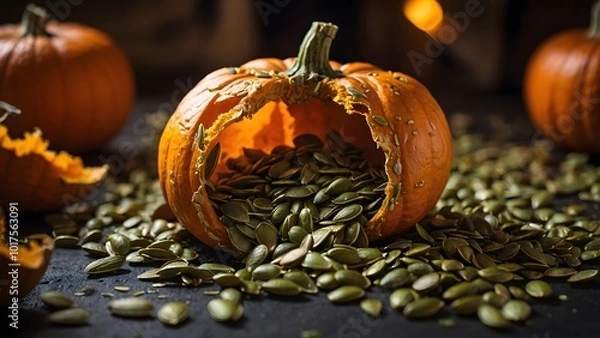 Obraz Pumpkin Revealed With Seeds Spilling out During Autumn, Showcasing Seasonal Harvest and Festive Preparations