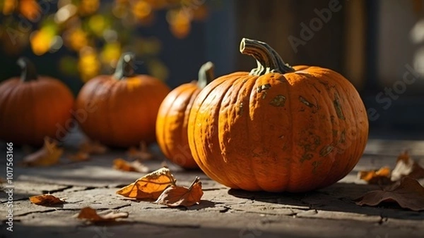 Obraz Autumn Pumpkins Scattered on a Cobblestone Pathway Surrounded by Fallen Leaves During Golden Hour