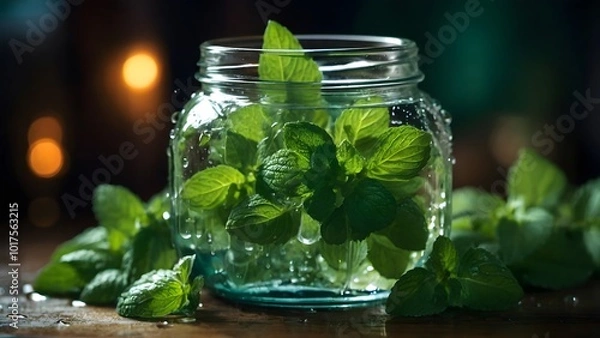 Obraz Fresh Mint Leaves in a Glass Jar Surrounded by Greenery Illuminated by Soft Candlelight
