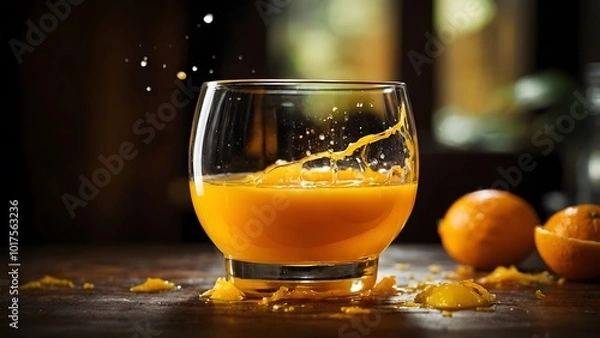 Obraz Freshly Squeezed Orange Juice Splashing in a Glass With Oranges on a Wooden Table in a Cozy Setting