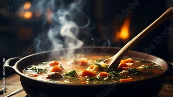 Obraz A Steaming Pot of Vegetable Soup is Stirred in a Cozy Kitchen During a Chilly Evening