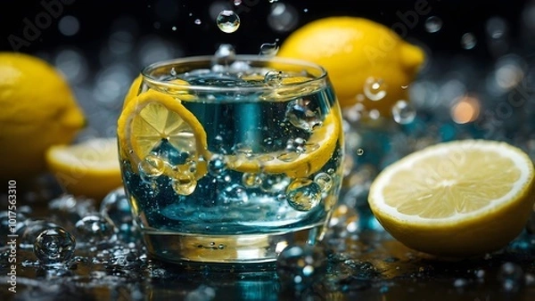 Fototapeta Refreshing Beverage With Lemon Slices and Bubbles Captured on a Dark Surface With Splashes of Water