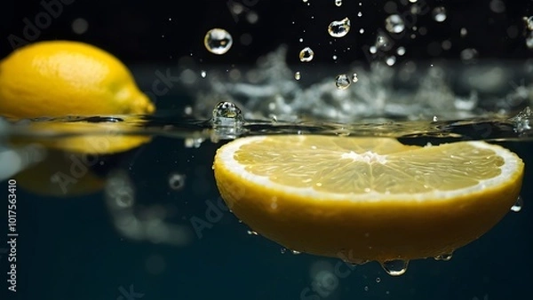 Obraz Fresh Lemon Slices Splashing in Clear Water With Vibrant Bubbles During a Refreshing Summer Moment