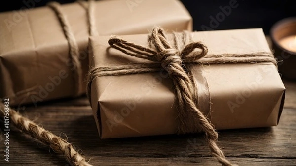 Obraz Beautifully Wrapped Gifts With Twine on Rustic Wooden Table in Warm Candlelight
