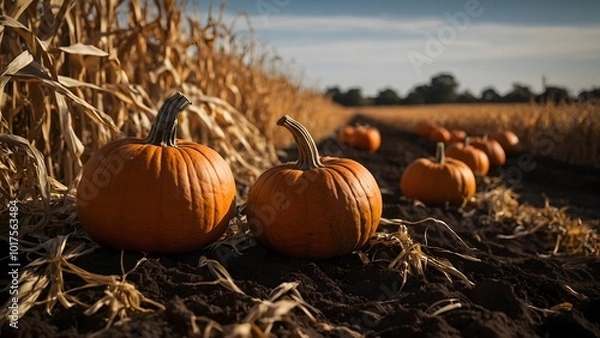 Obraz Pumpkins Growing in a Rural Field Surrounded by Cornstalks on a Sunny Autumn Afternoon