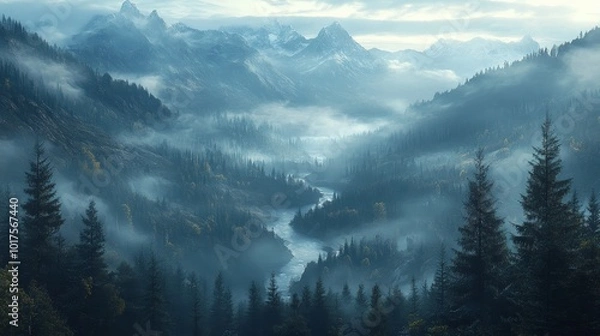 Fototapeta A mystical scene of a ring of pine trees on a foggy mountainside, framing a dreamlike valley with softly glowing rivers and distant mountains.