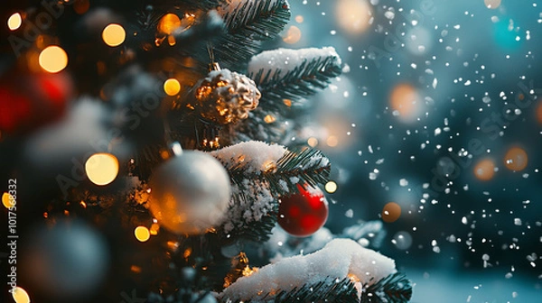Fototapeta A beautifully decorated Christmas tree adorned with shimmering ornaments and twinkling lights, surrounded by falling snowflakes, creating magical winter atmosphere