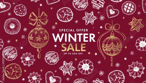 Obraz Winter sale, Christmas Cookie and ball set on red, Hand drawn illustration.	
