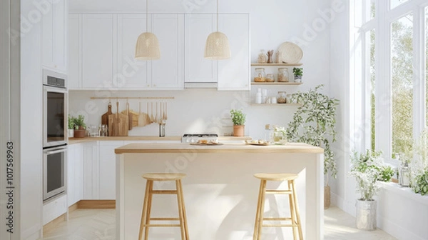 Fototapeta A bright and airy kitchen featuring wooden island, two stools, and stylish pendant lights. space is adorned with plants and natural decor, creating warm and inviting atmosphere