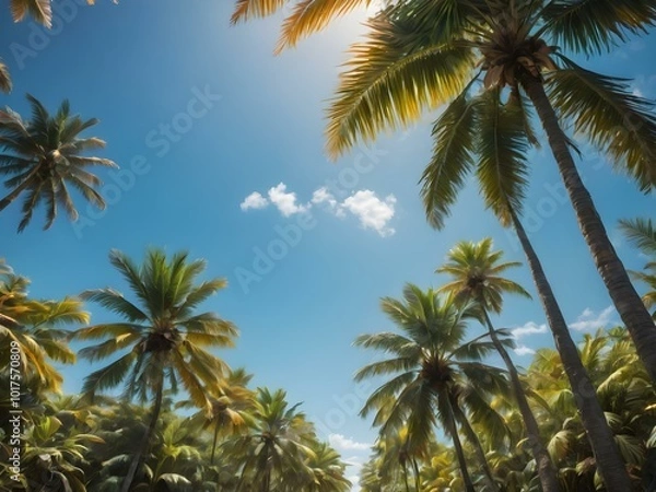 Fototapeta A bright, sunny tropical sky with palm trees standing tall against a vivid blue sky, their leaves catching the soft morning light
