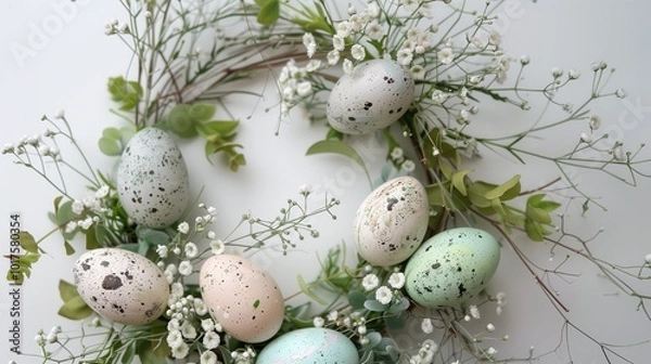Obraz Immerse yourself in the charm of a DIY home decoration wreath, where Easter eggs and natural elements combine to create a visually stunning and environmentally conscious masterpiece.