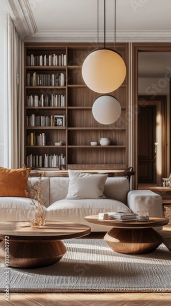 Fototapeta A modern living room featuring cozy sofa, stylish pendant lights, and elegant wooden furniture. warm tones and inviting decor create serene atmosphere perfect for relaxation