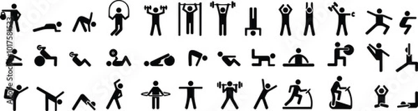Fototapeta Exercise and fitness icons. Gym and Workout Set. Person Yoga exercises poses. Lunges, Pushups, Squats, Dumbbell rows, Burpees, Side planks, Situps, Glute bridge, Leg Raise, Side Crunch.