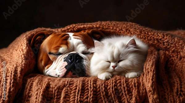 Fototapeta Dog and cat sleeping together in a cozy blanket, warm and peaceful setting.