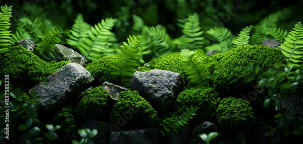 Fototapeta Lush ferns and moss-covered rocks create a vibrant, tranquil landscape.
