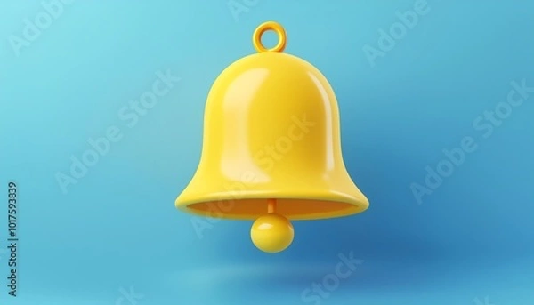 Fototapeta A vibrant yellow bell with a polished finish, suspended against a soft blue background, showcasing its simplistic yet eye-catching design.