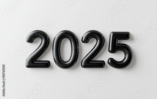 Fototapeta The numbers "2025" made of smooth, glossy black plastic on a white background, giving a modern and sleek appearance 
