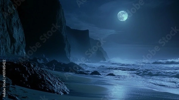 Fototapeta Majestic coastal cliffs stand against a dark ocean under full moon illumination. Rocky shoreline meets turbulent waters creating misty seafoam. 