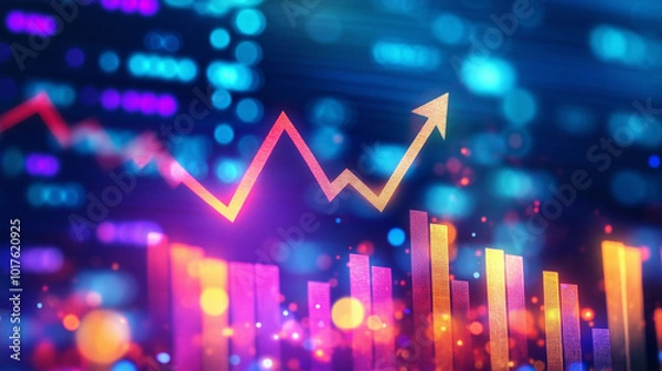 Fototapeta Abstract background, a stock market graph with an arrow pointing upwards. AI generation.