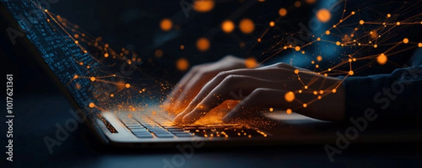 Fototapeta Man typing on laptop, data flow background, network business. AI generation.