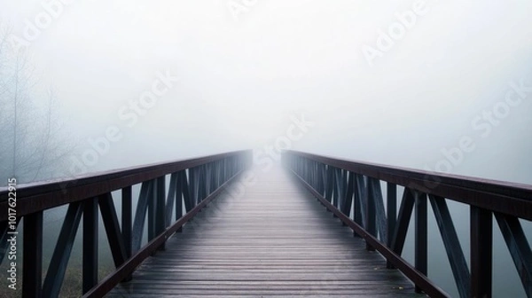 Fototapeta A mystical and surreal fog covered bridge stretching into the unknown