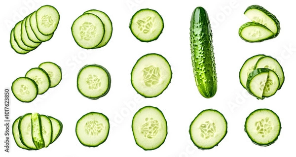 Fototapeta Set or collection of various fresh cucumber slices on white background