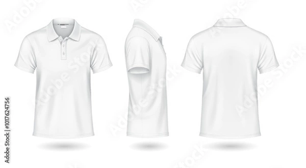 Fototapeta Casual white polo shirts front back and side view mockup design realistic vector illustration set. Classic t-shirt with copyspace 3d models on white background