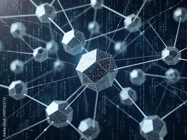 Obraz Abstract digital network visualization with glowing nodes and connecting lines against dark background. Geometric polygonal shapes form interconnected mesh structure. 