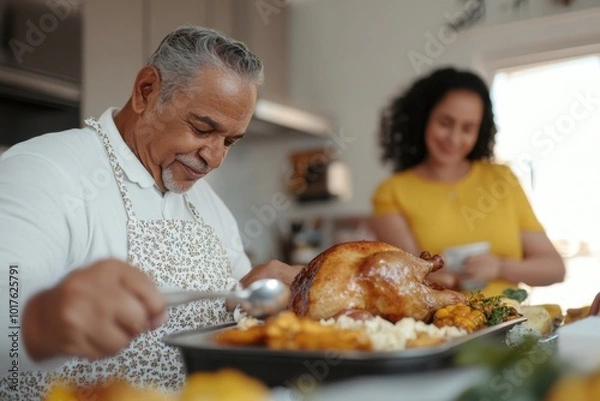 Obraz Family preparing Thanksgiving meal with turkey at the center.