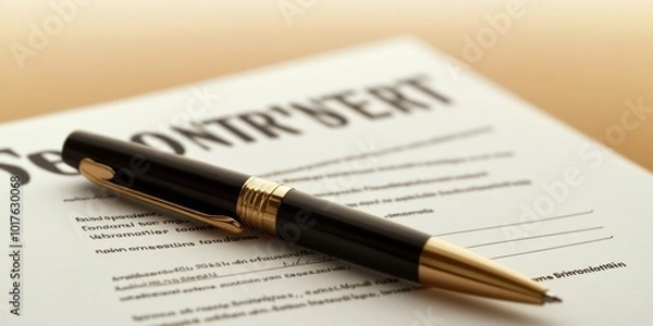 Fototapeta A black pen rests on a contract document, emphasizing business and formal agreements.