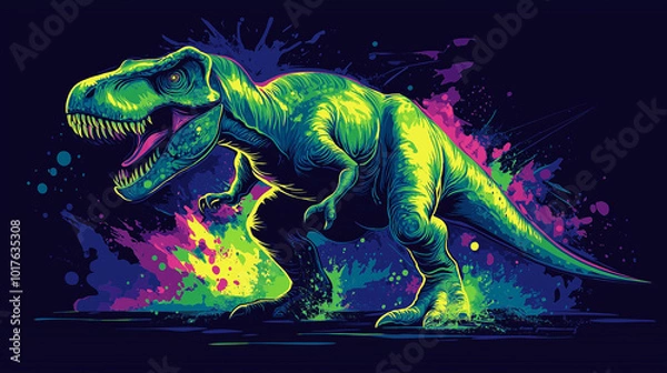 Fototapeta A vibrant and colorful depiction of a Tyrannosaurus rex standing in a dynamic and stylized artistic composition