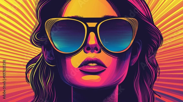 Obraz Vibrant art of a woman with stylish sunglasses against a radiant backdrop showcasing brilliant colors and dynamic patterns