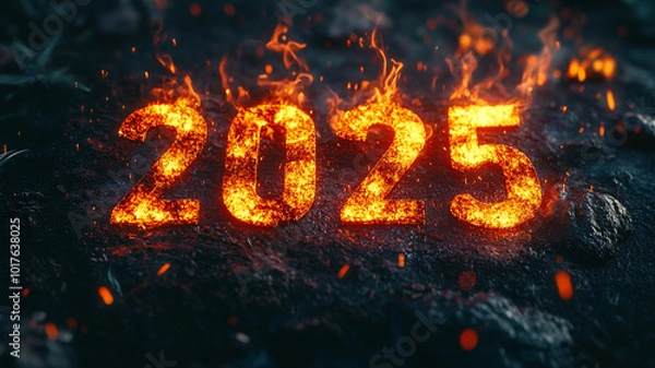 Fototapeta Celebrate the arrival of 2025 with fiery numbers representing the New Year