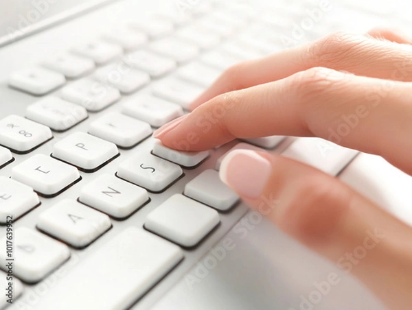Fototapeta A close-up of a hand typing on a modern keyboard.