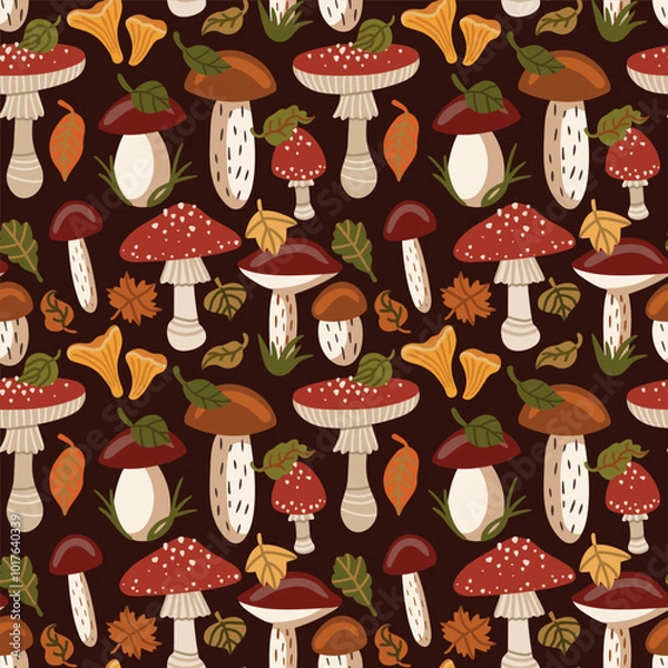 Fototapeta Vector seamless pattern with edible mush and autumn leaves. Autumn time. Autumn forest. Hand drawn illustration. The print is used for Wallpaper, fabric, textile.