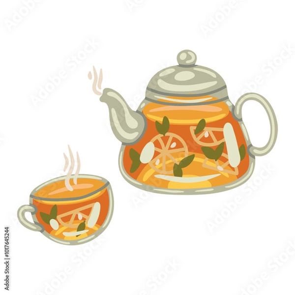 Fototapeta Vector isolated element. A glass teapot and a glass cup. Vitamin tea with lemon and mint. Color image on a white background. The print is used for packaging design.