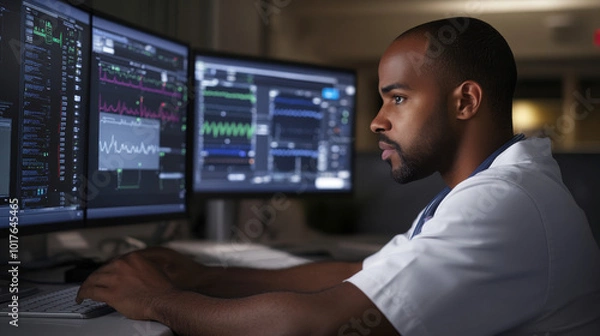 Fototapeta A cybersecurity specialist reviewing security protocols in a hospital setting, ensuring the protection of electronic medical records.