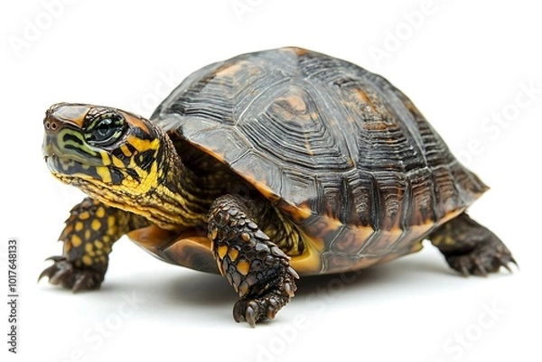 Fototapeta A close-up of a colorful turtle on a white background.