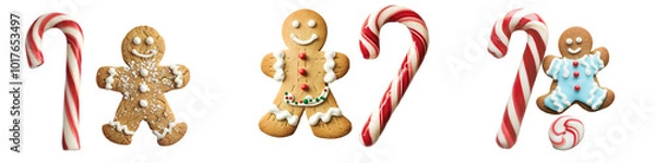 Fototapeta Collection of candy cane and Gingerbread man cookie biscuits isolated on white or transparent background