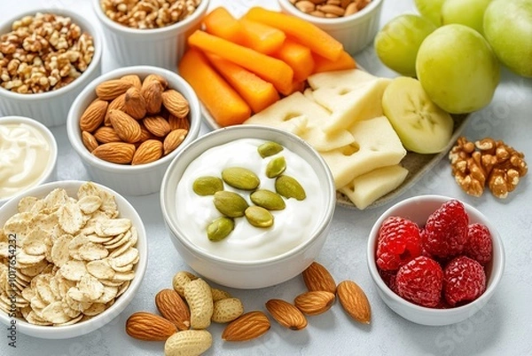 Fototapeta A flat lay of healthy snacks, including nuts, fruits, and yogurt, on a clean surface. Bright cheerful light. Dining background.