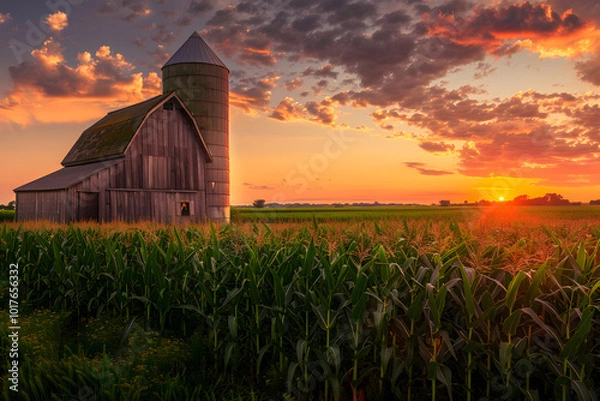 Obraz Sunset Over Rolling Cornfields: A Peek Into The Rustic Farm Life In Iowa