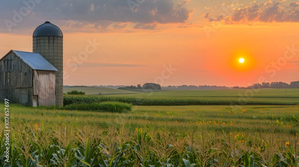 Obraz Sunset Over Rolling Cornfields: A Peek Into The Rustic Farm Life In Iowa