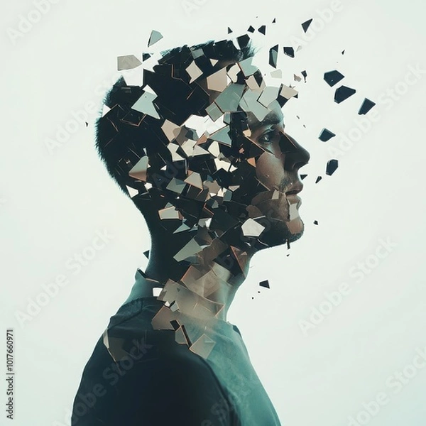Fototapeta Shattered Mind: Profile of a man whose head is fragmenting into pieces, representing mental health, stress, or identity crisis. A surreal and thought-provoking image. 
