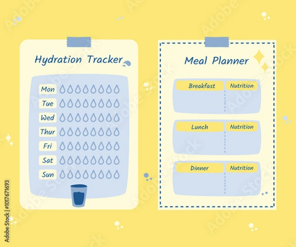 Fototapeta Healthy lifestyle-themed planner with doodles, great for stickers, journal spreads, and scrapbook projects.