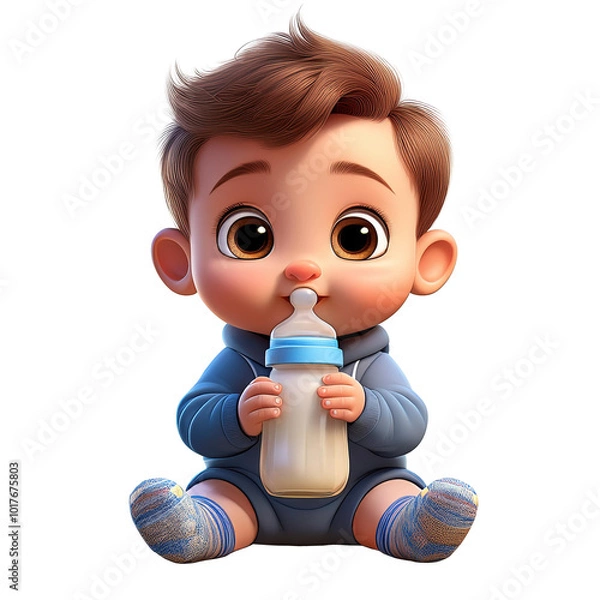 Obraz 大きな茶色の目の男の子の赤ちゃんが哺乳瓶を持っています、赤ちゃんは座っています、3D漫画のキャラクター、png