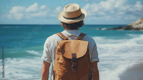 Obraz Man with Backpack on a Beach.