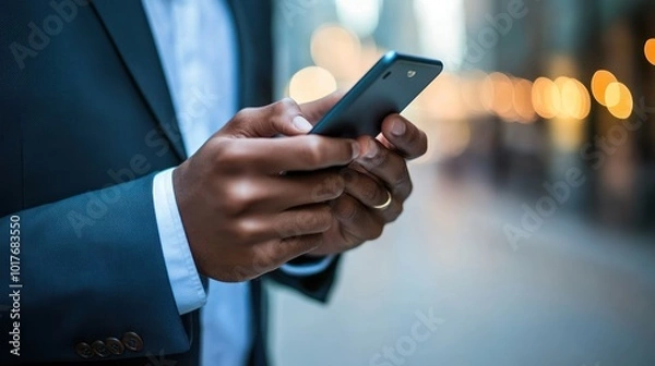 Fototapeta Professional using mobile phone for business transactions, client management, and project coordination.