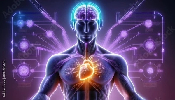 Fototapeta A digital illustration representing the interconnectedness of the mind and body. A glowing brain symbolizes intellect, creativity, and consciousness, while a radiant heart represents emotions, love, a