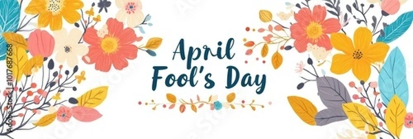 Fototapeta The text "April Fool's Day" is written in the center of an illustration with colorful flowers and leaves on a white background